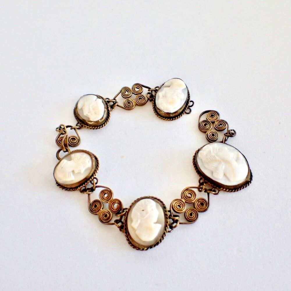 Antique Authentic Cameo Bracelet Cannetille Scroll Links "Read" Rare Hand Made
